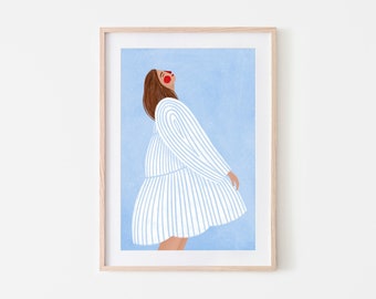 La femme aux rayures bleues, impression d'art colorée, dessin au trait, impression de rayures, illustration portrait minimaliste, art déco mural