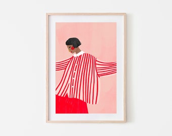 The Woman with the Red Skirt, Red and Pink Stripes, Colourful Art Print, Line Art, Minimal Portrait Illustration, Wall Art Decor