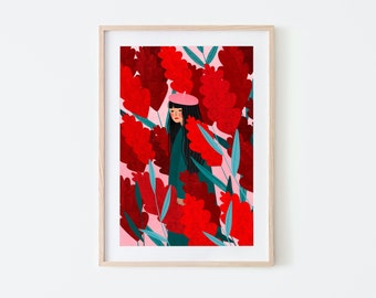 Ichika ou mille fleurs, impression d'art floral, illustration de femme, jardin japonais, déco murale d'art colorée, affiche d'art bohème