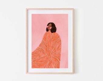 The Woman with the Swirls, Colourful Art Print, Stripes Print, Minimal Portrait Illustration, Wall Art Decor