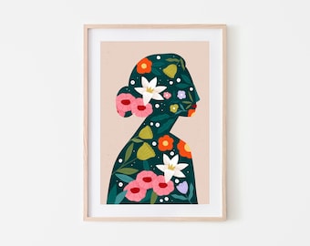 Floral Silhouette, Flower Art Print, Woman Illustration, Flower Bouquet, Colourful Wall Art Decor, Modern Wall Art Poster