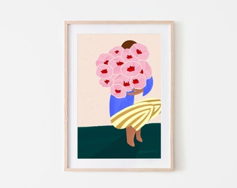 Woman with Bouquet Of Flowers, Floral Art Print, Colourful flower Illustration, Botanical Drawing, Minimal Wall Art, Vibrant Home Decor