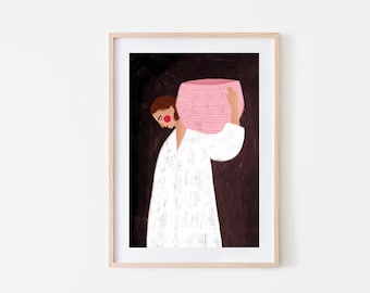 The Woman with the Pink Basket, Art Print, Woven Basket, Minimal Portrait Illustration, Wall Art Decor