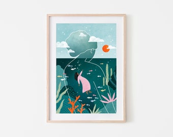 Down Under, Art Print, Ocean Illustration, Sea Goddess, Nature Poster, Home Decor,  Art Room Idea