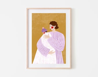 Może przedstawiać: Cyfrowa ilustracja kobiety w purpurowej, pasiastych sukni trzymającej dziecko w purpurowym kapeluszu. Tło jest jednolite, żółte.