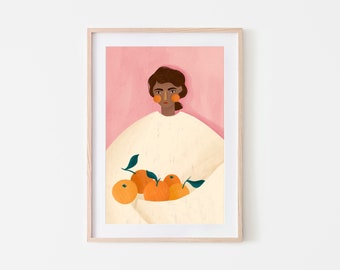 La femme aux oranges, impression d'art, disponible avec un fond rose ou vert, impression fille, illustration portrait minimal, art déco mural