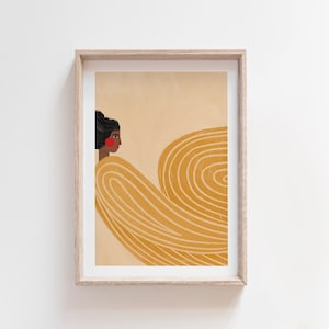 May include: A framed illustration of a woman with dark hair and a red flower behind her ear. She is looking to the right, and her face is partially obscured by a large, abstract, yellow and gold shape.