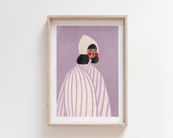 The Woman with the White Hat, Colourful Art Print, Stripes Print, Minimal Portrait Illustration, Wall Art Decor