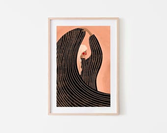 May include: A framed illustration of a person with blonde hair wearing a black and white striped outfit. The person is standing with their arms raised above their head, and the stripes of their outfit form a wave-like pattern.