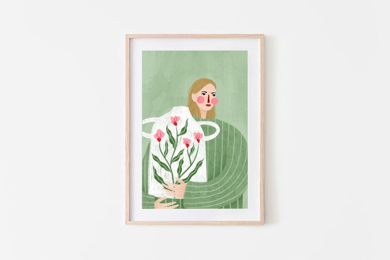 May include: A woman in a green striped shirt holds a white vase with pink flowers. The background is a light green watercolor wash.