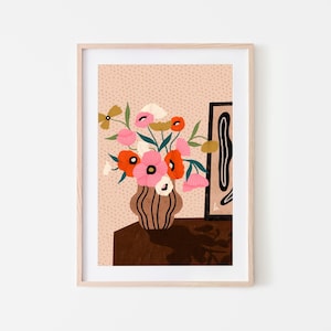 Flowers on Sideboard Floral Art Print, Modern Botanical Drawing, Striped Vase Illustration, Minimal Wall Art Decor