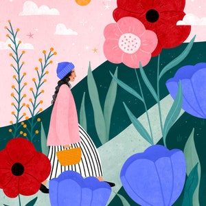 Balade fleurie, impression d'art floral, affiche nature colorée, illustration botanique, envie de voyager, art fantaisiste, idée cadeau pour elle image 2