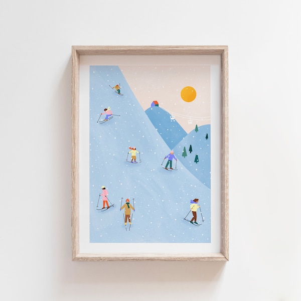 Skiing, Winter Art Print, Wintery Snowy Scene, Winter sports Illustration, Colourful Home Wall Decor