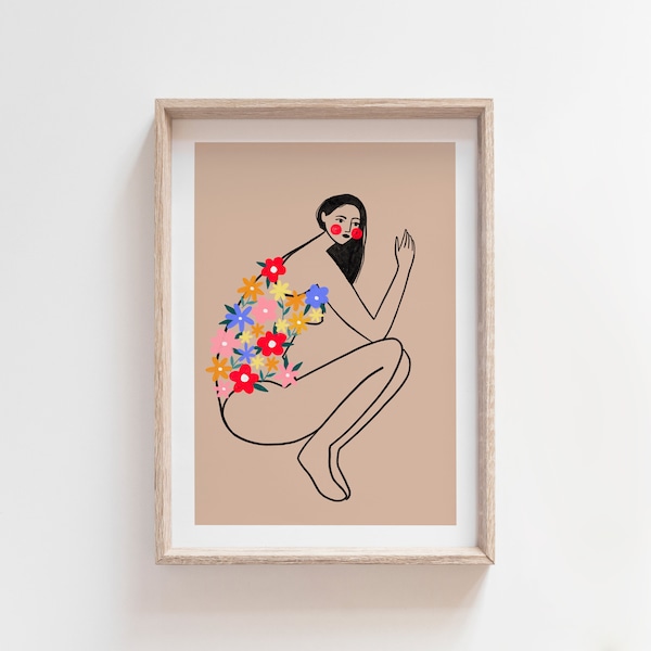 The Woman with the Floral Swimsuit, Art Print, Flower illustrations, Female Body, Minimal Wall Art Decor