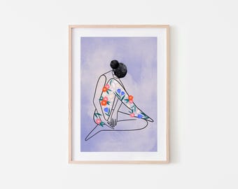 May include: A line drawing of a person sitting with their legs crossed. The person is depicted with a floral pattern on their body. The background is a light purple watercolour wash.