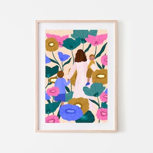 Impresión artística de mamá y dos niñas y niños / Ilustración floral de maternidad, póster para mamá primeriza y regalo para baby shower, decoración para partera