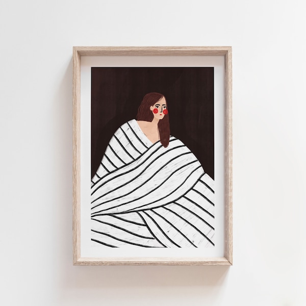 The Woman with the Black and White Stripes, Art Print, Minimal Portrait Illustration, Wall Art Decor
