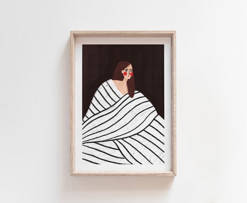 The Woman with the Black and White Stripes, Art Print, Minimal Portrait Illustration, Wall Art Decor image 1
