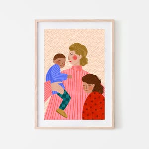 Mum an Boy and Girl, Motherhood Art Print, Sibling Poster, Woman and children illustration, Kids Room Art