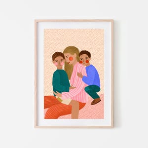Mum and Two Boys Art Print | Motherhood Poster, Family Illustration for Kids Room Decor, Sibling Wall Art