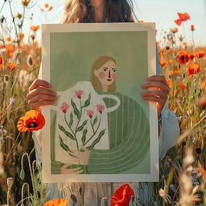 May include: A woman in a green and white striped shirt holds a white pitcher with pink flowers. The background is a field of orange poppies.