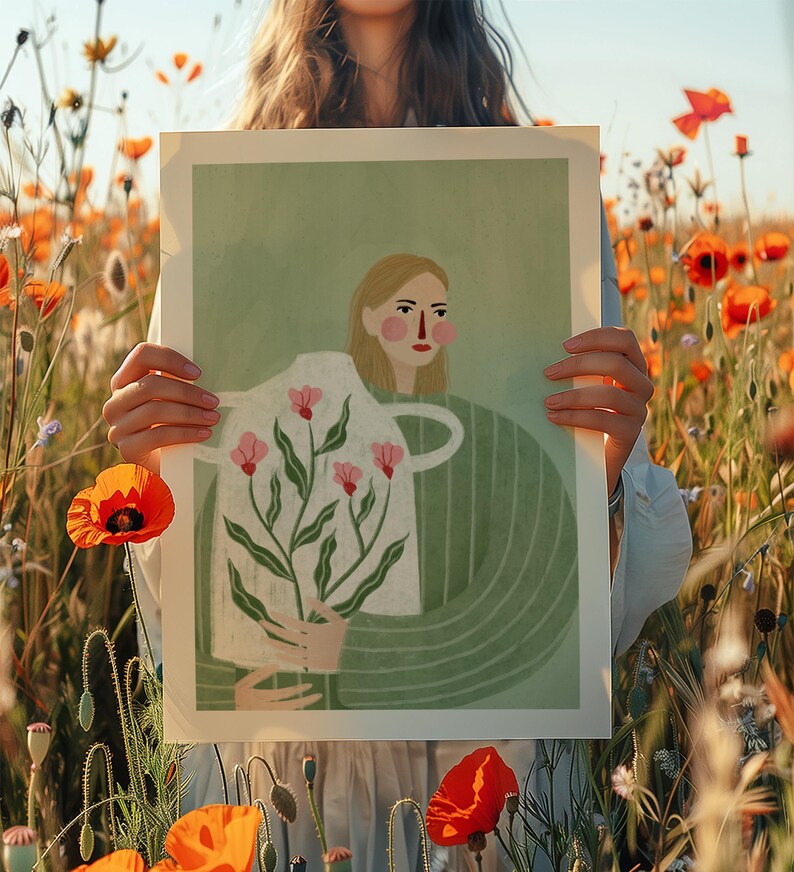 May include: A woman in a green and white striped shirt holds a white pitcher with pink flowers. The background is a field of orange poppies.