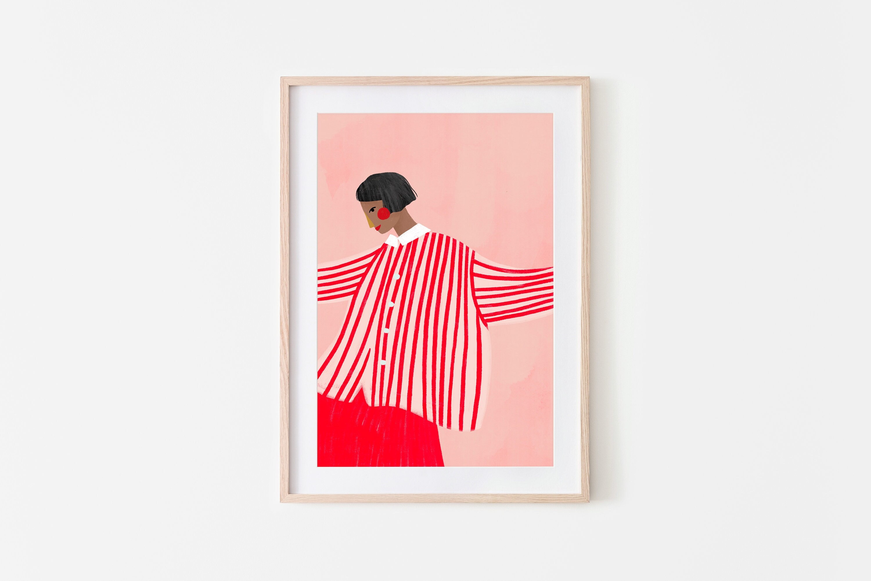 The Woman with the Red Skirt, Red and Pink Stripes, Colourful Art Print, Line Art, Minimal Portrait Illustration, Wall Art Decor