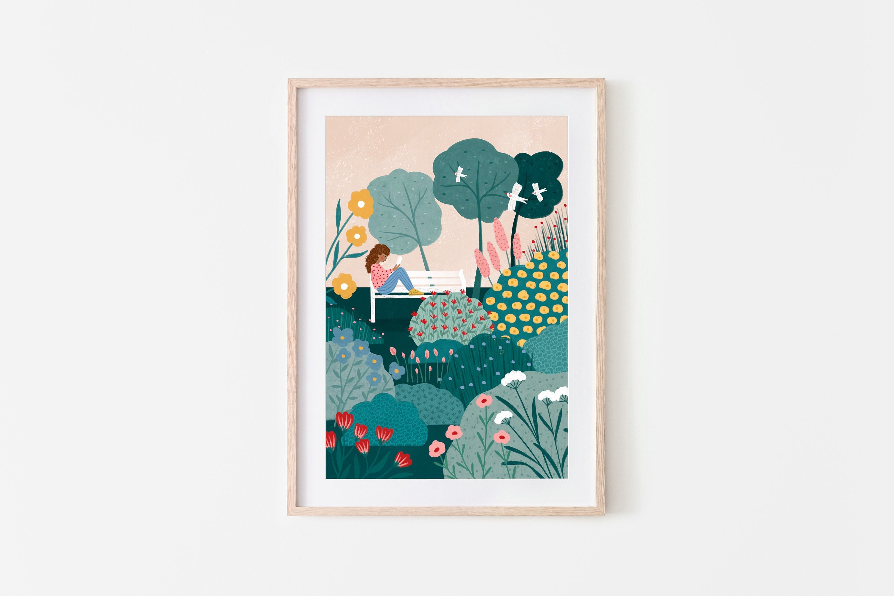 On The Garden Bench, Colourful Art Print, illustrated Landscape Poster, Spring Garden Illustration, Scenery Art