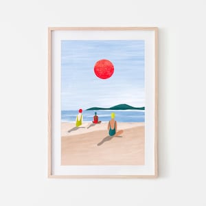 Girls at the Beach, Mindful Art Print, Peaceful Nature Poster, Ocean Illustration, Women drawing, Outdoors Art, Gift Idea for her