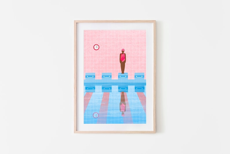 Swimming Pool, Colourful Art Print, Lido Poster, Girl Swimming Illustration, Modern Wall Art, Bold Pink Poster image 1