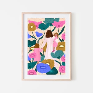 Mama und zwei Mädchen Kunstdruck | Mutterschaft Illustration, Geschenk für frischgebackene Mami und Hebamme