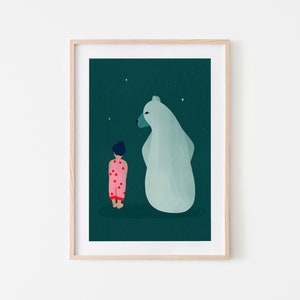 Soley y el oso, lámina de arte infantil, ilustración de Soley y el oso, decoración de guardería, póster bonito para habitación infantil, guardería colorida
