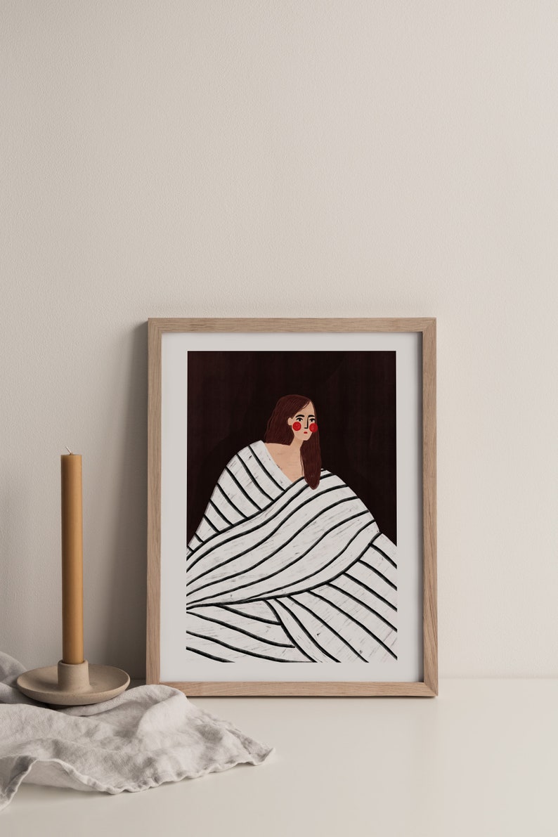The Woman with the Black and White Stripes, Art Print, Minimal Portrait Illustration, Wall Art Decor image 2