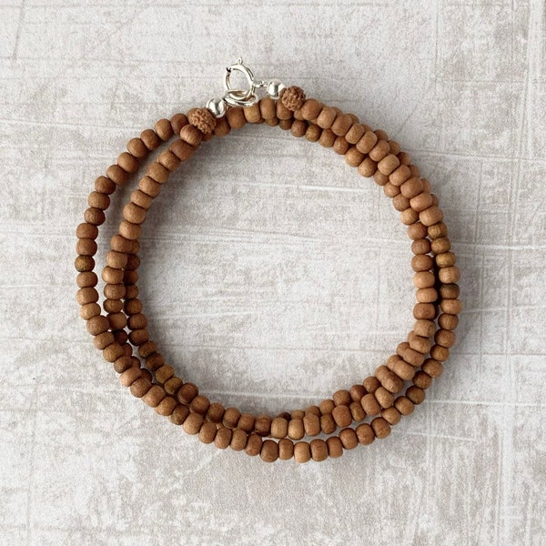 Sandalwood Bracelet | Yoga Mala Bracelet | Boho Wrap Bracelet | Sterling Silver