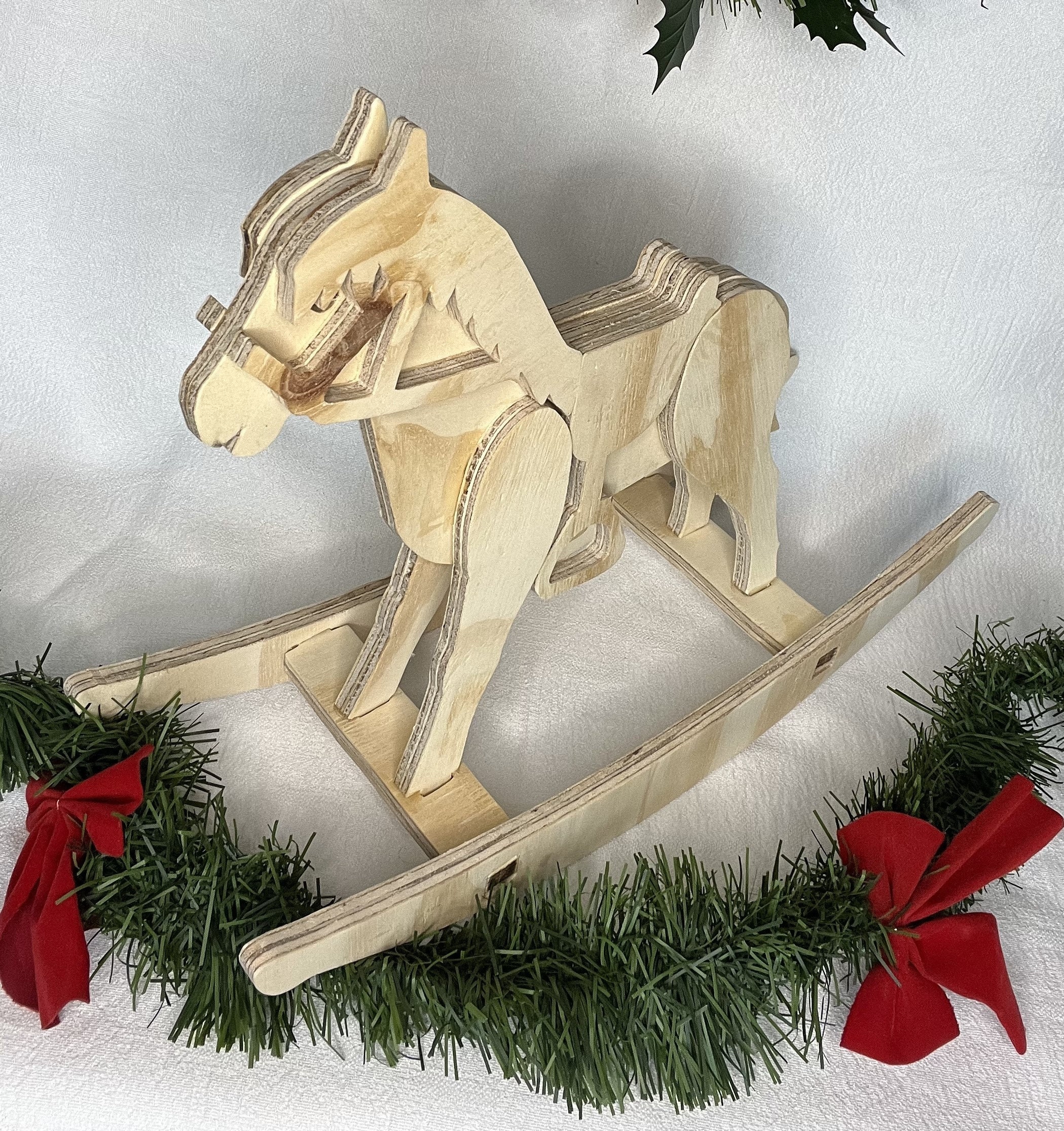 Boule à neige de Luxe XXL Père Noël et enfant sur cheval à bascule en  blanc, or et