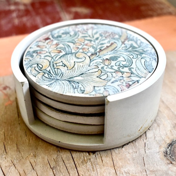 Handmade Concrete William Morris Style Design Coaster Set /  Coaster Set With Holder / Set of Coasters