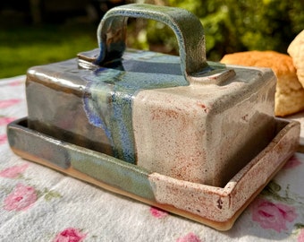 Hand Built Ceramic Butter Dish  / Coastal Glaze / Butter Tray /Ceramic Serving Plate