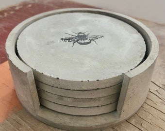 Handmade Bumble Bee Print Concrete Coaster Set / Bee Coasters / Coasters With Holder