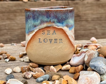 Hand Built Coastal Style Ceramic Stoneware Hug Mug / Handmade Cup / 5oz cup / Seaside Quotes