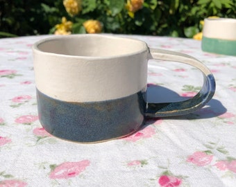 Hand Built Dark Blue Ceramic Stoneware Low Mug  / Ceramic Mug / 7oz cup /handmade mug