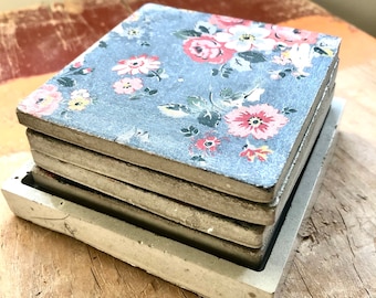 Handmade Floral Concrete Coasters Set: Shabby Chic Style