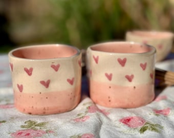 Hand Built Pink And Cream Ceramic Stoneware Thumbler / Unique Design / 5oz /Gift