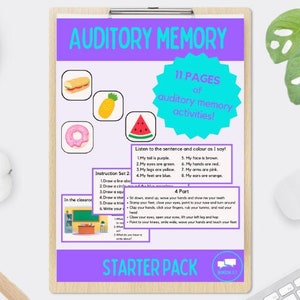 May include: A wooden clipboard holds a colorful educational worksheet titled "Auditory Memory." The worksheet features illustrations of a sandwich, pineapple, donut, and watermelon. Text includes instructions and a "Starter Pack" label.