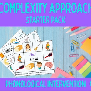 May include: A starter pack for phonological intervention with the text "COMPLEXITY APPROACH STARTER PACK" and "PHONOLOGICAL INTERVENTION". The pack includes cards with illustrations and the text "/br/ initial" and words like "bread" and "bride".