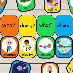 May include: Colorful flashcards with illustrations and text. Cards include words like "desert," "tent," and "falling." Other cards feature questions like "who?" and "where?" with corresponding images of a grandpa, a child playing, blocks, and a beach.