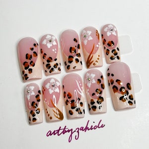 hisbiscus flowers leopard french tip press-on nails