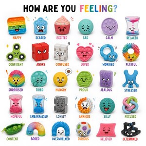 May include: A chart titled HOW ARE YOU FEELING? displaying thirty small colorful fidget toys, each representing a different emotion with a corresponding label. The items include various shapes like pop-its, stress balls, and puzzles in bright colors.