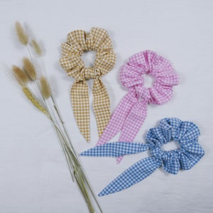 Foulchie / bufanda querida / elástico para el cabello / rosa / azul / accesorio para el cabello de algodón estampado a cuadros mostaza