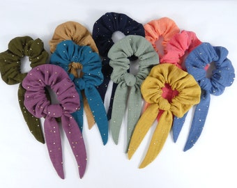 Foulchie / scarf scrunchie / hair elastic double cotton gauze with gold polka dots