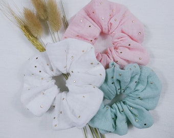 Gold polka dot double gauze scrunchie/hair tie